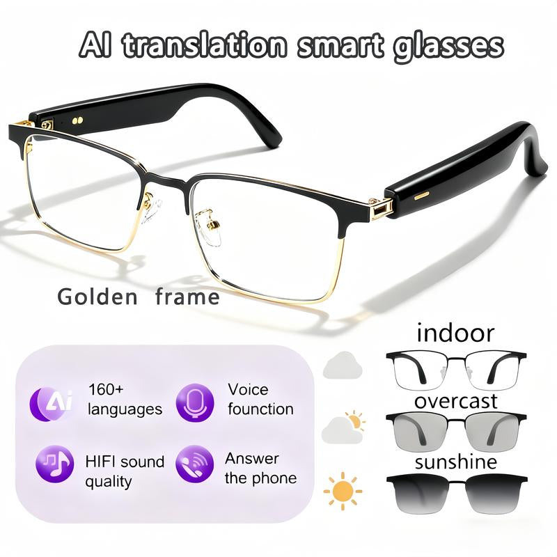 High-End AI Semi-Rimless Smart Glasses 164-Language Real-Time Translation | Open-Ear HD Audio, Bluetooth Calls & Music | Stylish Photochromic Lenses | Hands-Free, Lightweight & Comfortable for Daily Wear, Travel & Commuting | Perfect Gift for Tech Lovers