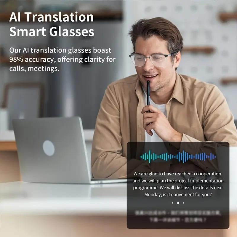 High-End AI Semi-Rimless Smart Glasses 164-Language Real-Time Translation | Open-Ear HD Audio, Bluetooth Calls & Music | Stylish Photochromic Lenses | Hands-Free, Lightweight & Comfortable for Daily Wear, Travel & Commuting | Perfect Gift for Tech Lovers