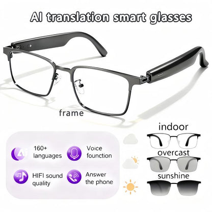 High-End AI Semi-Rimless Smart Glasses 164-Language Real-Time Translation | Open-Ear HD Audio, Bluetooth Calls & Music | Stylish Photochromic Lenses | Hands-Free, Lightweight & Comfortable for Daily Wear, Travel & Commuting | Perfect Gift for Tech Lovers