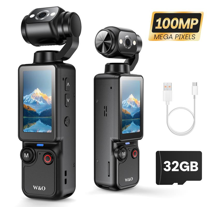 【Christmas Gift】W&O Portable 2.5K Ultra HD Video Recorder with 180° Rotating Lens Handheld Stabilizer Pocket Camera Full Body for Vlogging Travel Daily Life Recording USB Rechargeable Black Durable Construction Camcorder