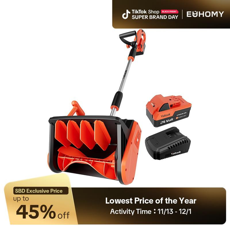 Voltask Cordless Snow Shovel 24V 13-Inch 4-Ah Battery Snow Blower with Directional Plate Adjustable Front Handle Quick Charger Included