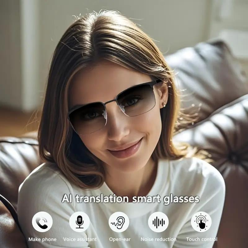 High-End AI Semi-Rimless Smart Glasses 164-Language Real-Time Translation | Open-Ear HD Audio, Bluetooth Calls & Music | Stylish Photochromic Lenses | Hands-Free, Lightweight & Comfortable for Daily Wear, Travel & Commuting | Perfect Gift for Tech Lovers